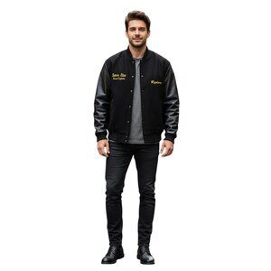 Varsity Letterman Aviator Bomber Jacket XL Black Leather Wool Embroidered Racing